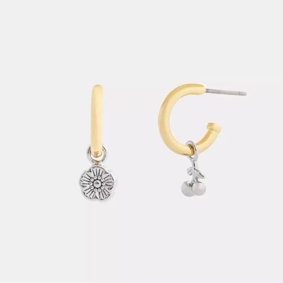 NWT Coach Mini Tea Rose And Cherry Charm Hoop Earrings - Picture 2 of 4